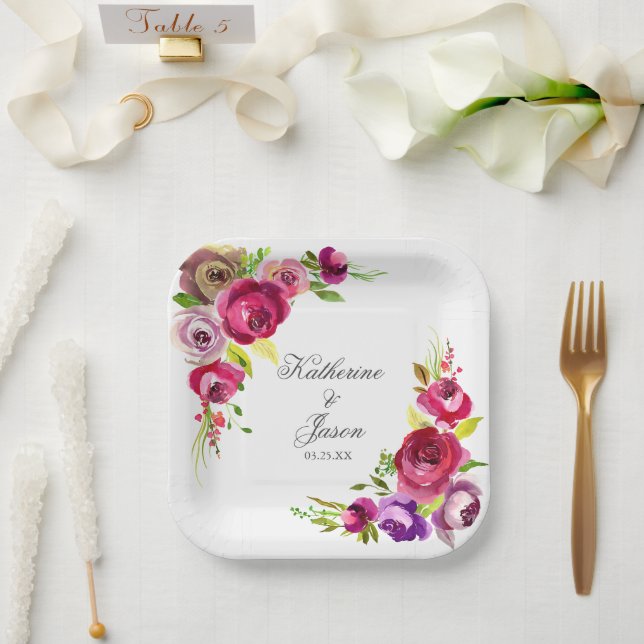 Elegante Fuchsia Pink Roses Romantischer Garten Ho Pappteller (Hochzeit)