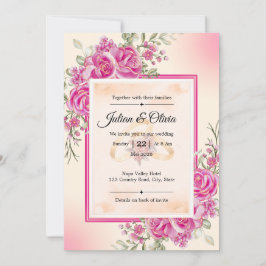 Elegante Fuchsia-Rosa-Rosen-Blumen-Hochzeit Einladung