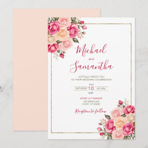Elegante Fuchsiapink- und Elfenbeinrosen-Hochzeit Einladung