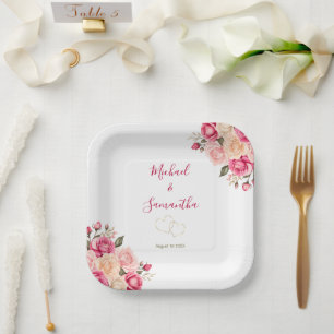 Elegante Fuchsiapink- und Elfenbeinrosen-Hochzeit Pappteller