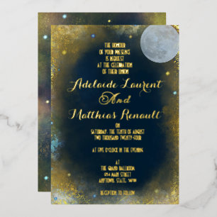 Elegante Full Moon Celestial Wedding: Blau und Gol Folieneinladung