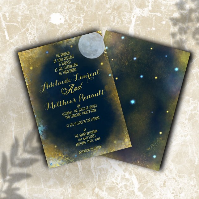 Elegante Full Moon Celestial Wedding: Blue & Gold Einladung (Von Creator hochgeladen)