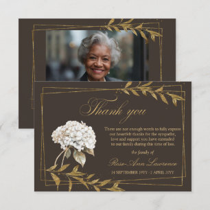 Elegante Funeral White Hortensie Goldene Blätter Dankeskarte