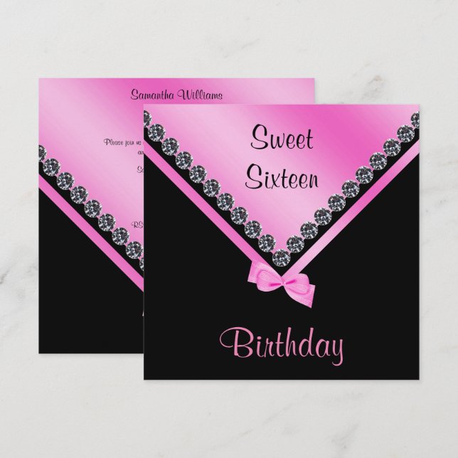 Elegante Funkelnd Diamanten und rosa Bow Sweet 16 Einladung (Vorne/Hinten)