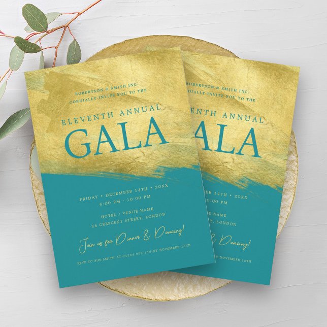 Elegante GALA Company Business Gold Pinsel Türkis Einladung (Elegant GALA Company Business Gold Brush Turquoise Invitation)