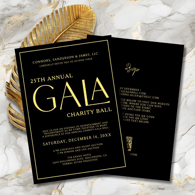 Elegante Gala Event Wohltätigkeit Fundraiser Schwa Einladung (Elegant Gala Event Charity Fundraiser Black and Gold Invitation with QR Code and RSVP on Back.
)