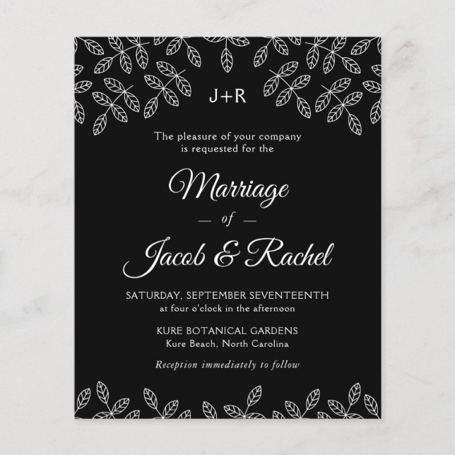 Elegante Garden Blätter Black Wedding Einladung (Vorderseite)