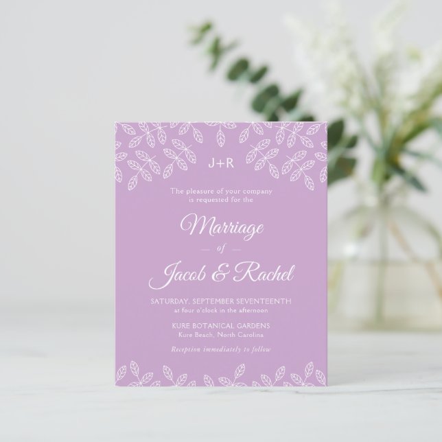 Elegante Garden Blätter Lavender Wedding Einladung (Stehend Vorderseite)