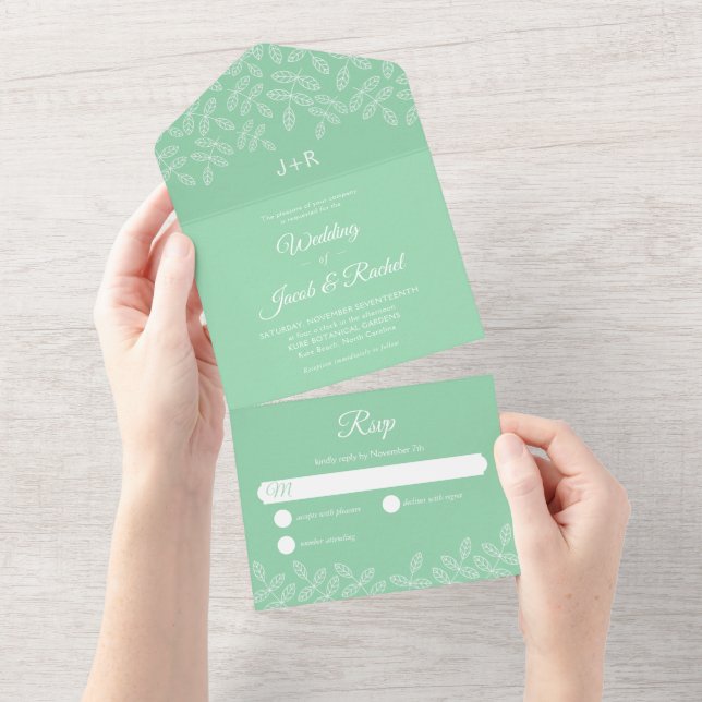 Elegante Garden Blätter Mint Green Wedding All In One Einladung (Abreißen)