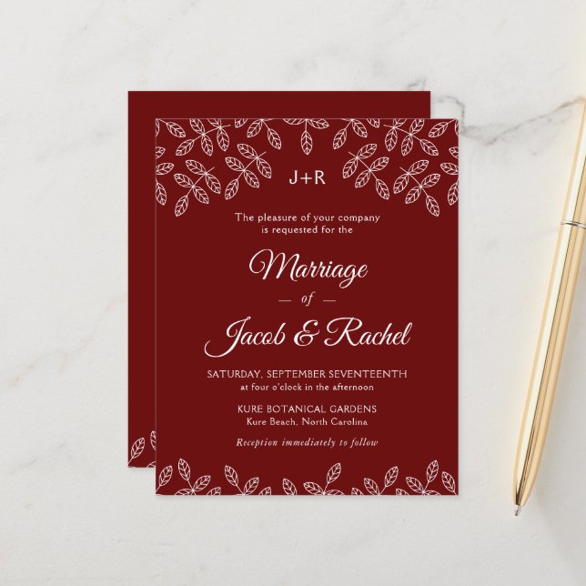 Elegante Garden Blätter Rote Hochzeit Einladung (Vorderseite/Rückseite Beispiel)
