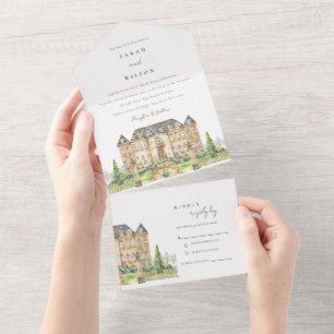 Elegante Garten Chateau Aquarell Hochzeits Einladu All In One Einladung