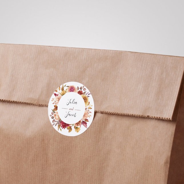 Elegante Gastgeschenk Hochzeit im Herbst Runder Aufkleber (Elegant Autumn Watercolor Floral Wedding Party Supplies)