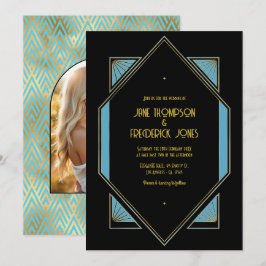 Elegante Gatsby Art Deco Blau & Gold Hochzeitsfoto Einladung