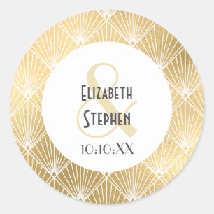 Elegante Gatsby Art Deco Weiße & Goldene Hochzeit Runder Aufkleber