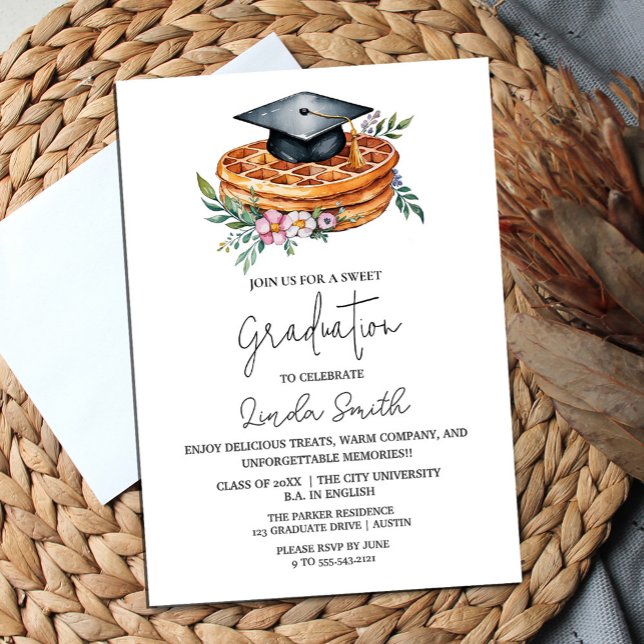 Élégante gaufre florale Invitation de graduation (Sweet success! 🎓🥞 Celebrate with waffles & good company. #ClassOf2025")