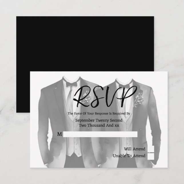 Elegante Gay Wedding Two Grooms in Anzügen RSVP Ca (Vorne/Hinten)