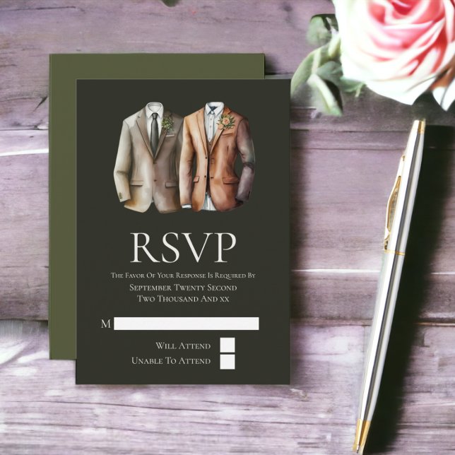 Elegante Gay Wedding Two Grooms in Anzügen RSVP Ca (Elegant Gay Wedding Two Grooms in Suits RSVP Card from Ricaso)