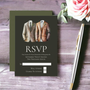 Elegante Gay Wedding Two Grooms in Anzügen RSVP Ca Karte