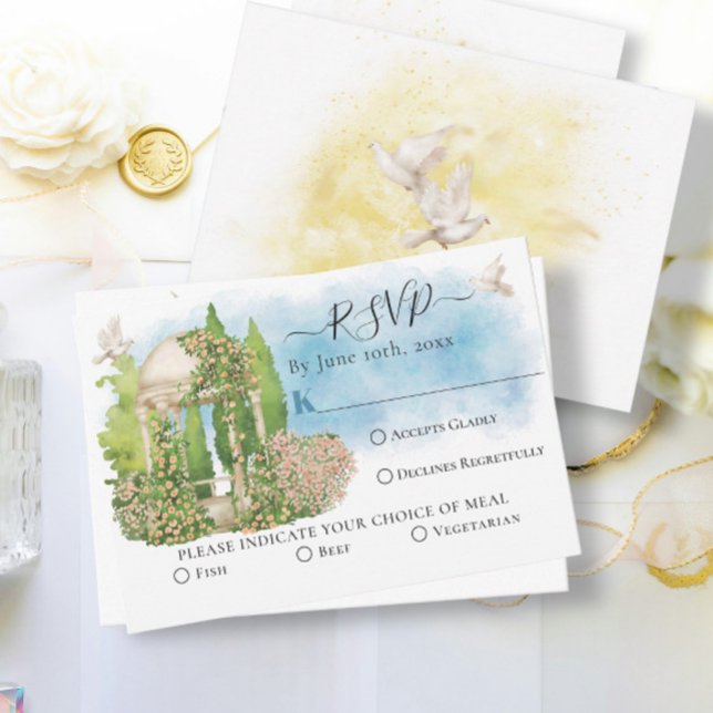 Elegante Gazebo-Blume, taubt Summer Wedding RSVP Karte (Von Creator hochgeladen)