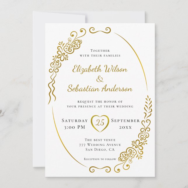 Elegante, Geblüht goldfarbene Hochzeit Einladung (Vorderseite)