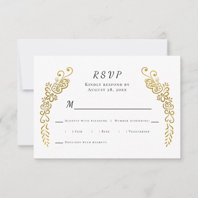 Elegante, Geblüht Goldschwarz und Weiß Einzigartig RSVP Karte (Vorderseite)