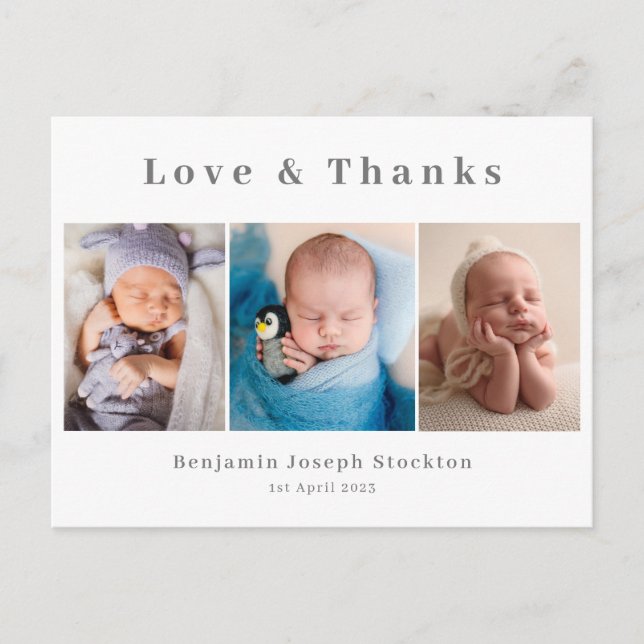 Elegante Geburtsankündigung, Liebe und Dank Postkarte (Vorderseite)