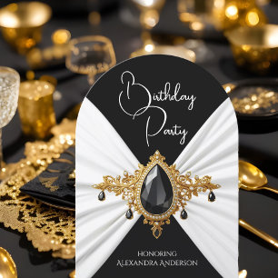 Elegante Geburtstags Weiße Schwarze Goldene Seide  Einladung