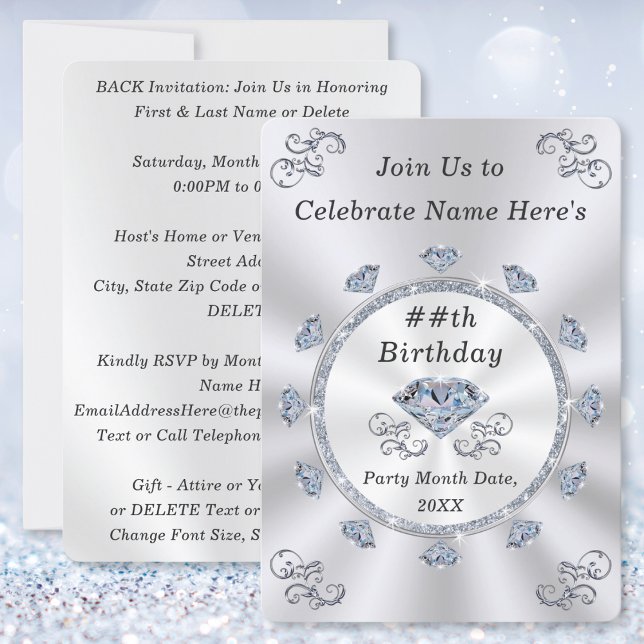 Elegante, Geburtstagseinladungen für Erwachsene, J Einladung (60th birthday party invitations for her. Diamond birthday party ideas. 75th birthday invitations.)