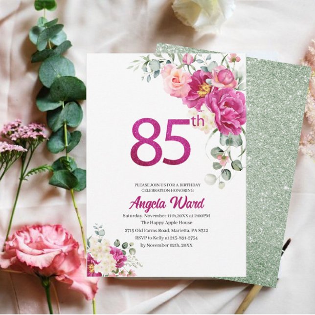 Elegante Geburtstagsfeier Blumenbeete 85. Glitzer Einladung (Von Creator hochgeladen)