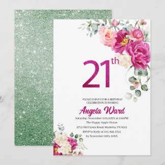 Elegante Geburtstagsfeier Blumenbeete Glitzer 21. Einladung