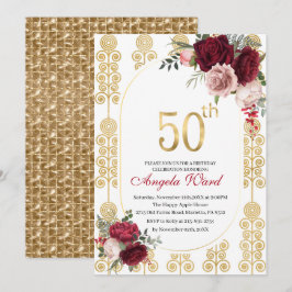 Elegante Geburtstagsfeier Blumengebäck 50. Glitzer Einladung