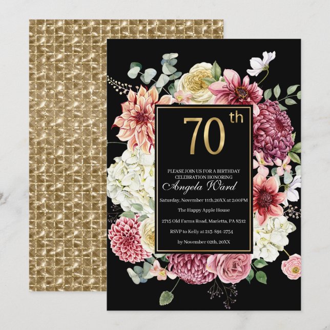 Elegante Geburtstagsfeier Blumengebäck 70. Glitzer Einladung (Vorne/Hinten)