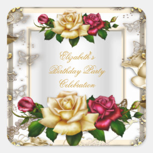 Elegante Geburtstagsfeier Rosen Weiß Gold Rot Crem Quadratischer Aufkleber