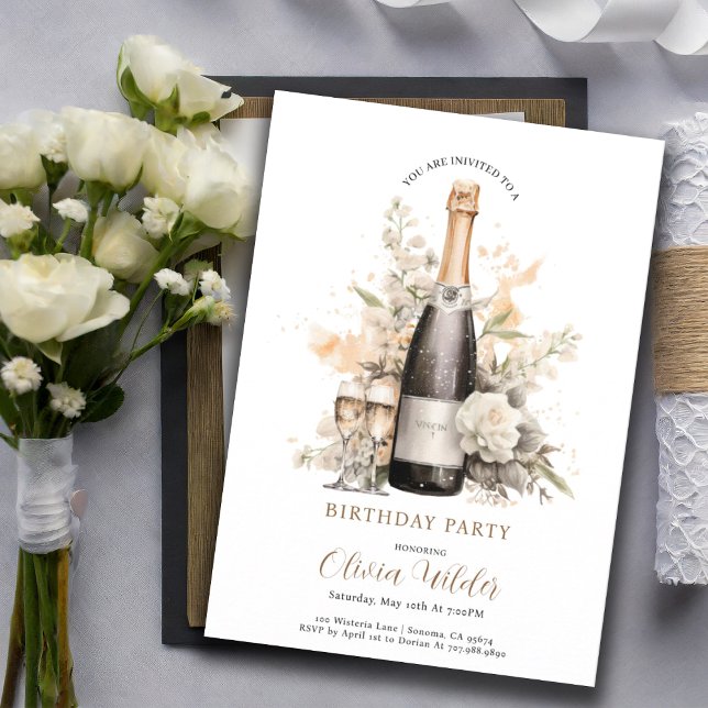 Elegante Geburtstagsparty | Champagne Floral Einladung (Von Creator hochgeladen)