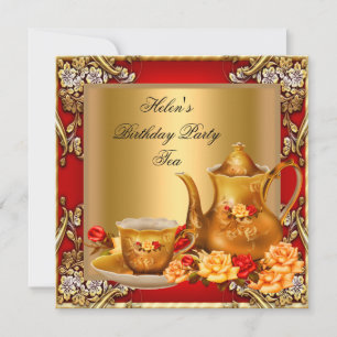 Elegante Geburtstagsparty-Tea Rot Gold Rosen Einladung