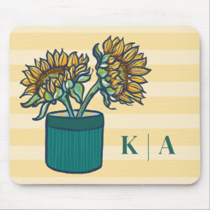 Elegante gelb gestreifte Monogramm-Sonnenblume Mousepad