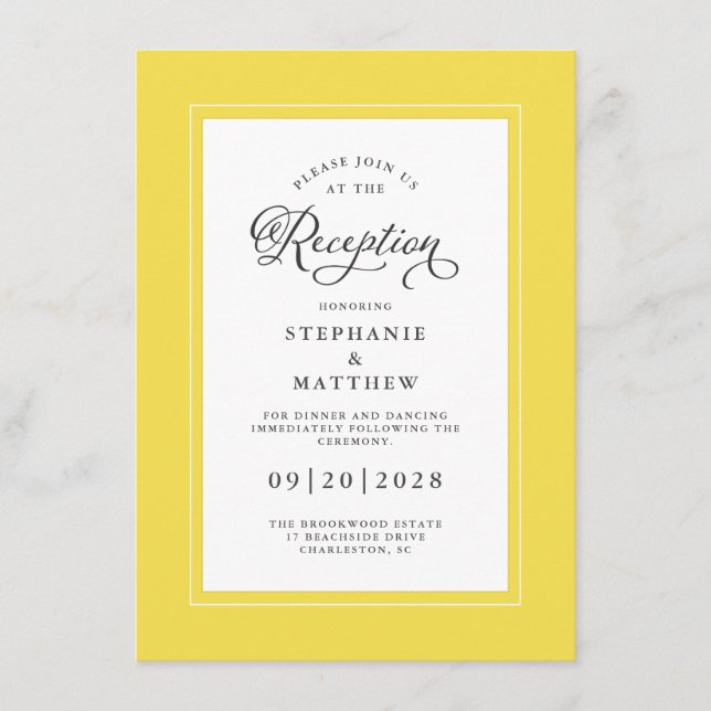 Elegante, gelb-graue Hochzeitsempfang Chic Borders Begleitkarte (Vorderseite)