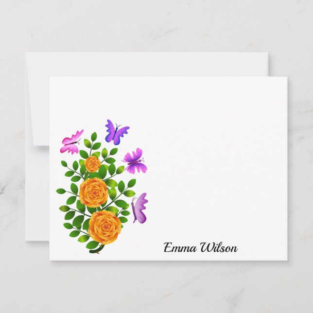 Elegante, gelb-orange Rose Blume mit Schmetterling Mitteilungskarte (Vorderseite)