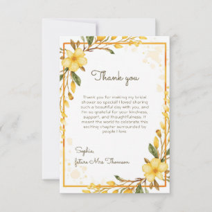 Elegante gelbe Aquarell-Blumen-Brautparty Dankeskarte