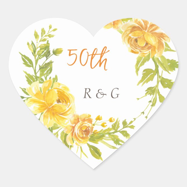 Elegante Gelbe Blume 50. Hochzeitstag Herz-Aufkleber (Vorderseite)