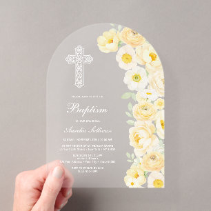 Elegante gelbe Blumenbogen-Taufe Acryleinladungen