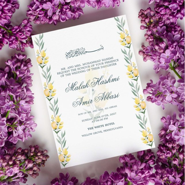 Elegante, gelbe Blumengrün, muslimische Hochzeit Einladung (Von Creator hochgeladen)