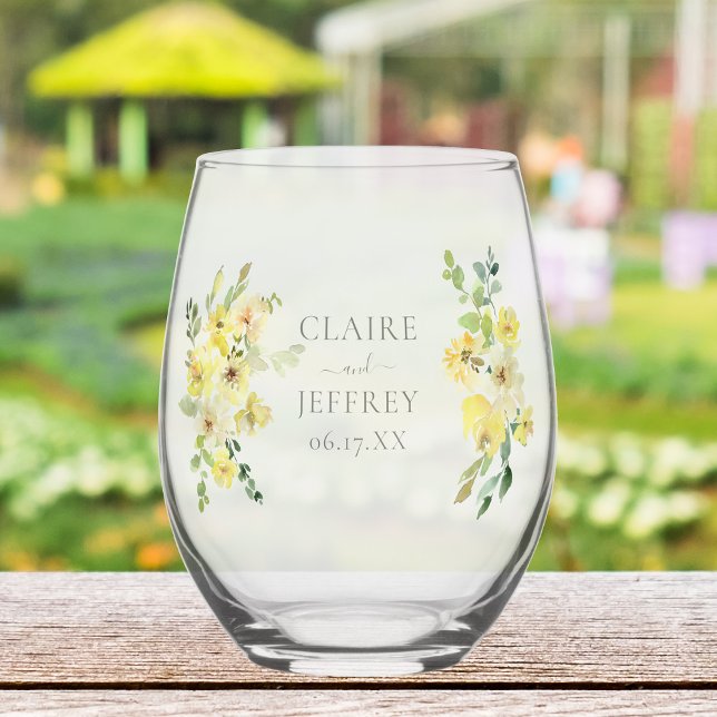 Elegante, gelbe Blumensage Grüne Sommerhochzeit Weinglas Ohne Stiel (Von Creator hochgeladen)
