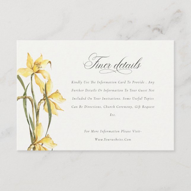 Elegante, gelbe Daffodil Watercolor Hochzeitdetail Begleitkarte (Vorderseite)