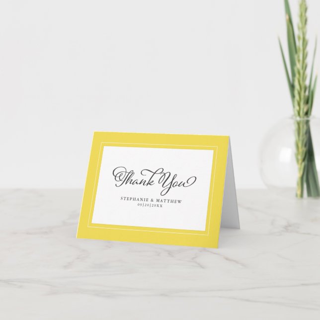 Elegante, gelbe, moderne schicke Grenzen Hochzeit Dankeskarte (Vorderseite)