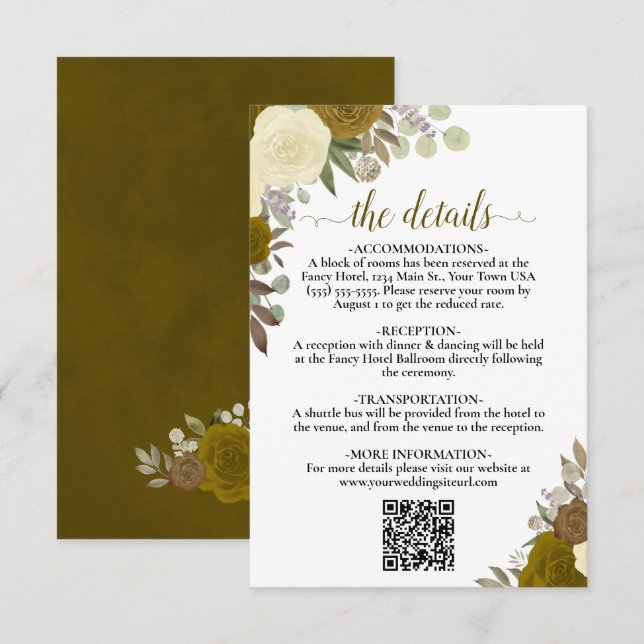 Elegante Gelbe Rose Hochzeitdetails QR-Code Begleitkarte (Vorne/Hinten)