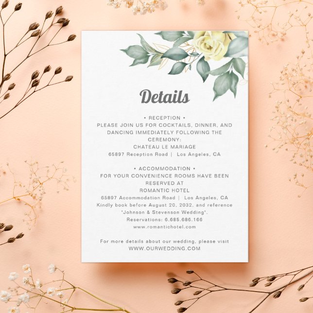 Elegante, gelbe Rose Hochzeitsdetails Begleitkarte (Von Creator hochgeladen)