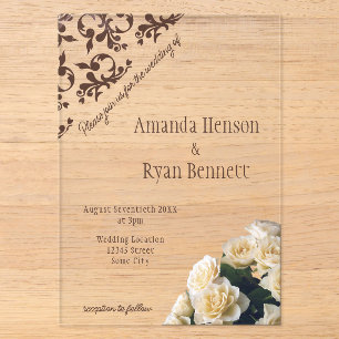 Elegante gelbe Rose Roccoco-Muster-Hochzeit Acryleinladungen