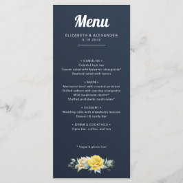 Elegante gelbe Rosen Aquarellmarinenhochzeit Menükarte