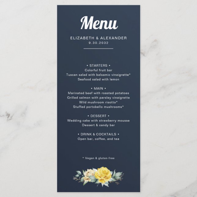 Elegante gelbe Rosen Aquarellmarinenhochzeit Menükarte (Vorderseite)